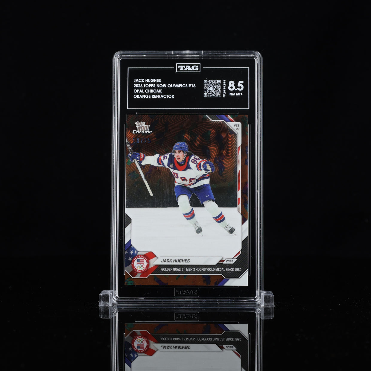 2026 Topps Now Olympics #18 Jack Hughes — Opal Chrome Orange Refractor /25, Numbered, front